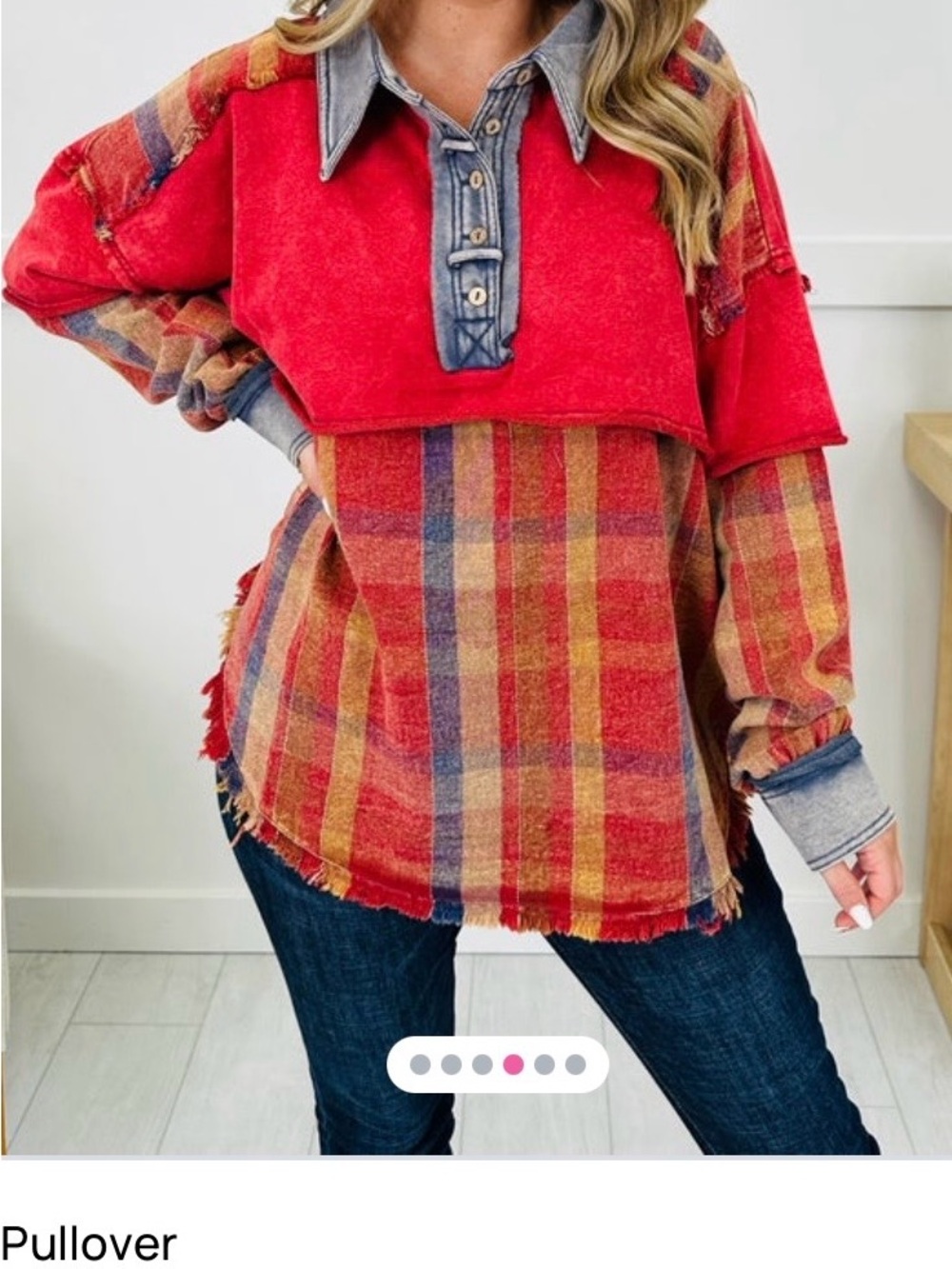 Oli & Hali Red Plaid Layered Pullover with Denim Trim - Picture 3 of 6